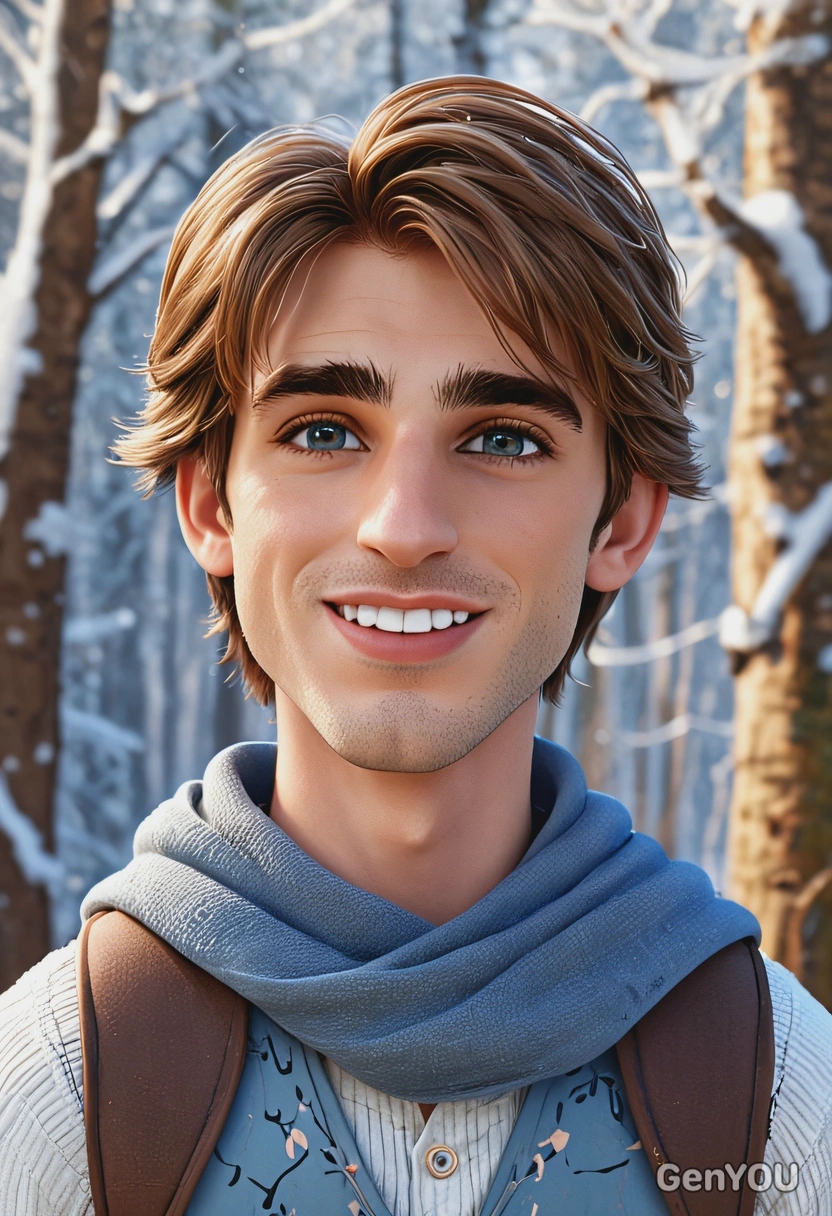 3D Disney style, smiling Flynn Rider from Disney’s "Tangled," oversized cartoon big sparkling eyes, waist-up portrait, snowy forest background