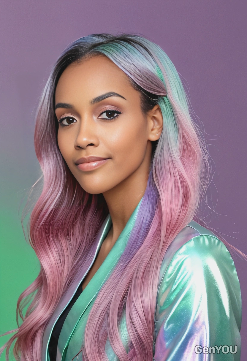 long, sleek hair dyed in holographic pastel shades of pink, green, and purple, with a futuristic metallic background