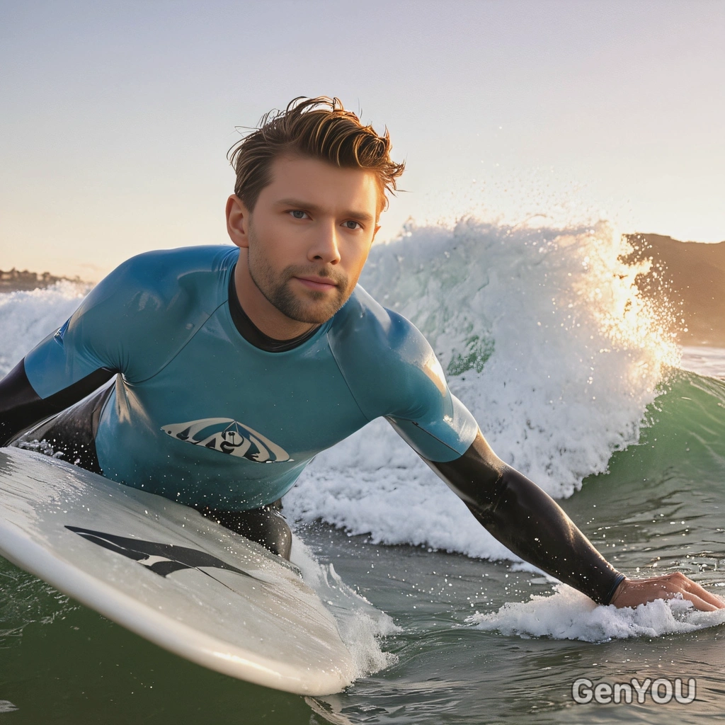 a surfer riding a wave at dawn, close up shot