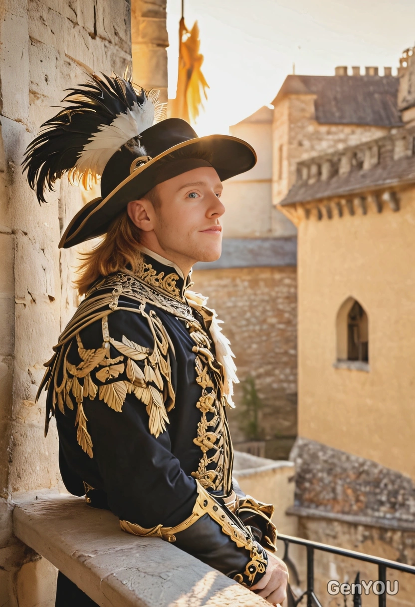 musketeer, wearing feathered hat, on the castle balcony, profile view, relaxed pose, at a bright golden sunrise, soft colors, long shadows