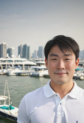 wearing a crisp white polo, against the backdrop of an active marina, blurred background, soft focus, visible skin texture