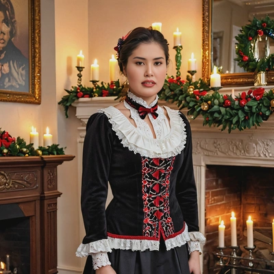 dressed in a traditional Victorian-style Christmas outfit, standing by a decorated fireplace with garlands and candles glowing warmly