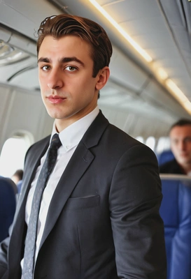 a businessperson traveling for work, on the plane, blurred background
