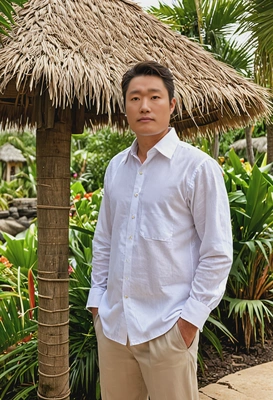 As a groom in a white linen shirt and khakis, standing under a tiki hut at a tropical island wedding ceremony, flower in the petal