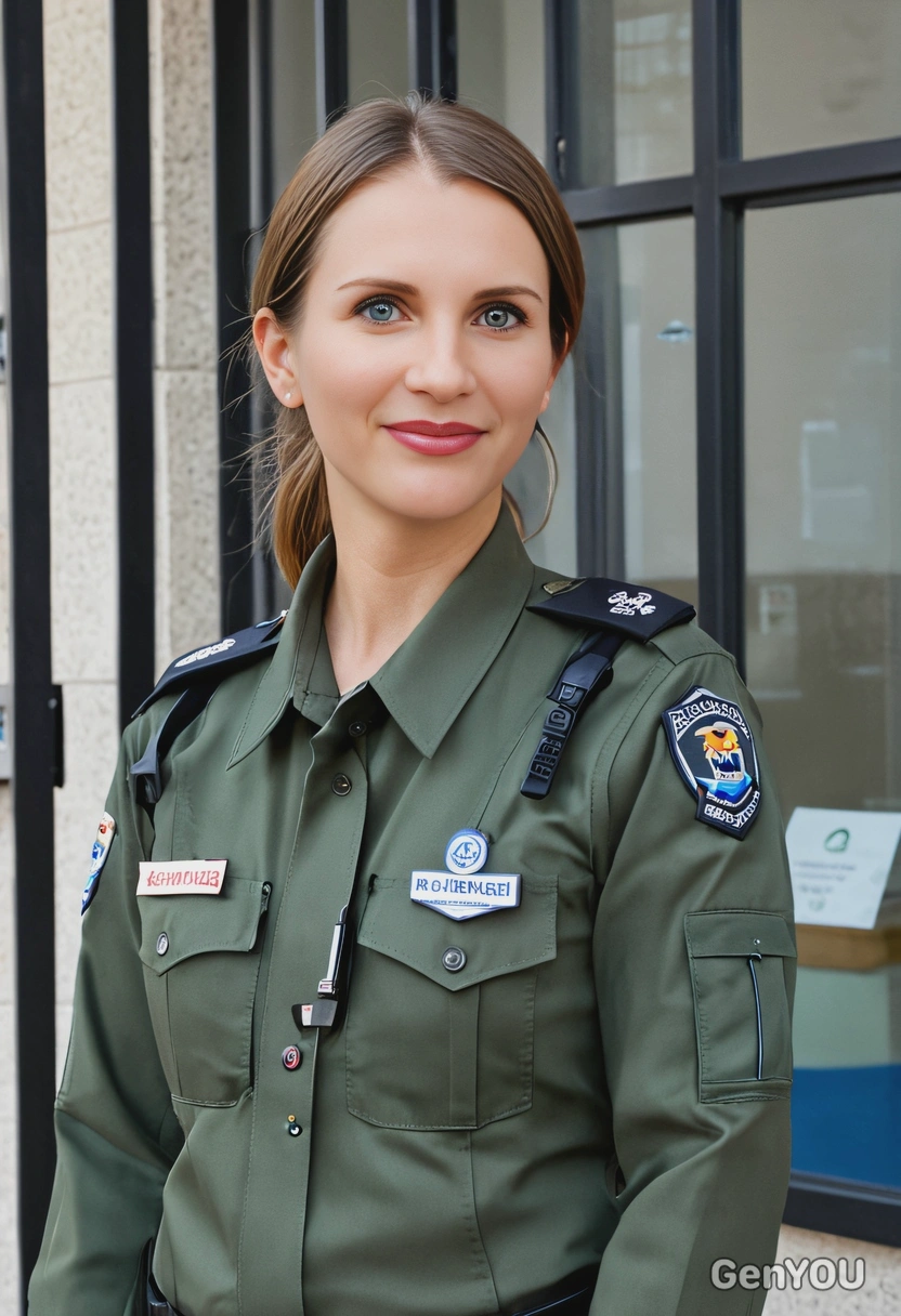 as a security guard, wearing a uniform with a badge and radio, standing in front of a secure building with surveillance monitors in the background