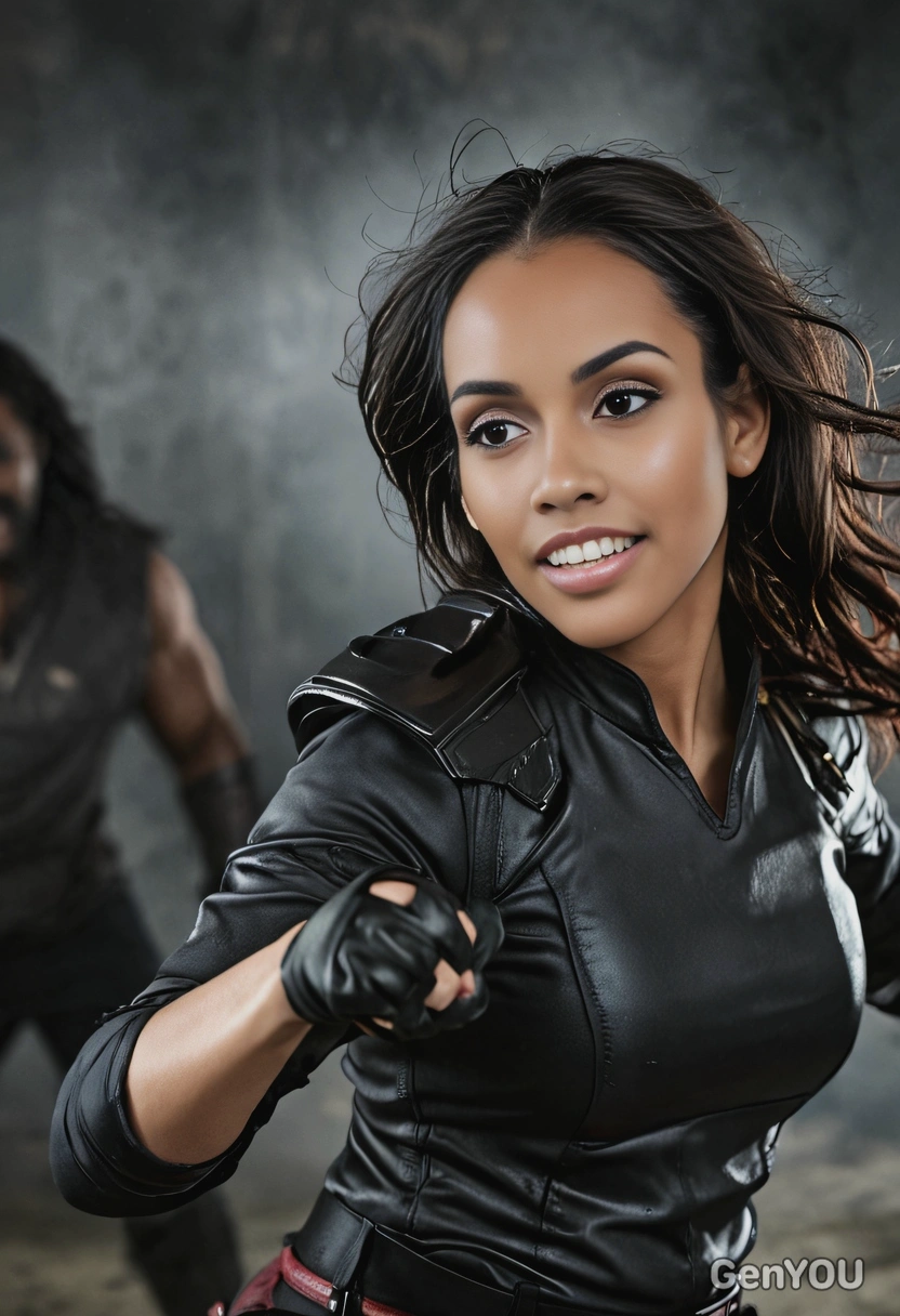 blurry background, professional photoshoot, dramatic fightic scene, fighting with a dark demon