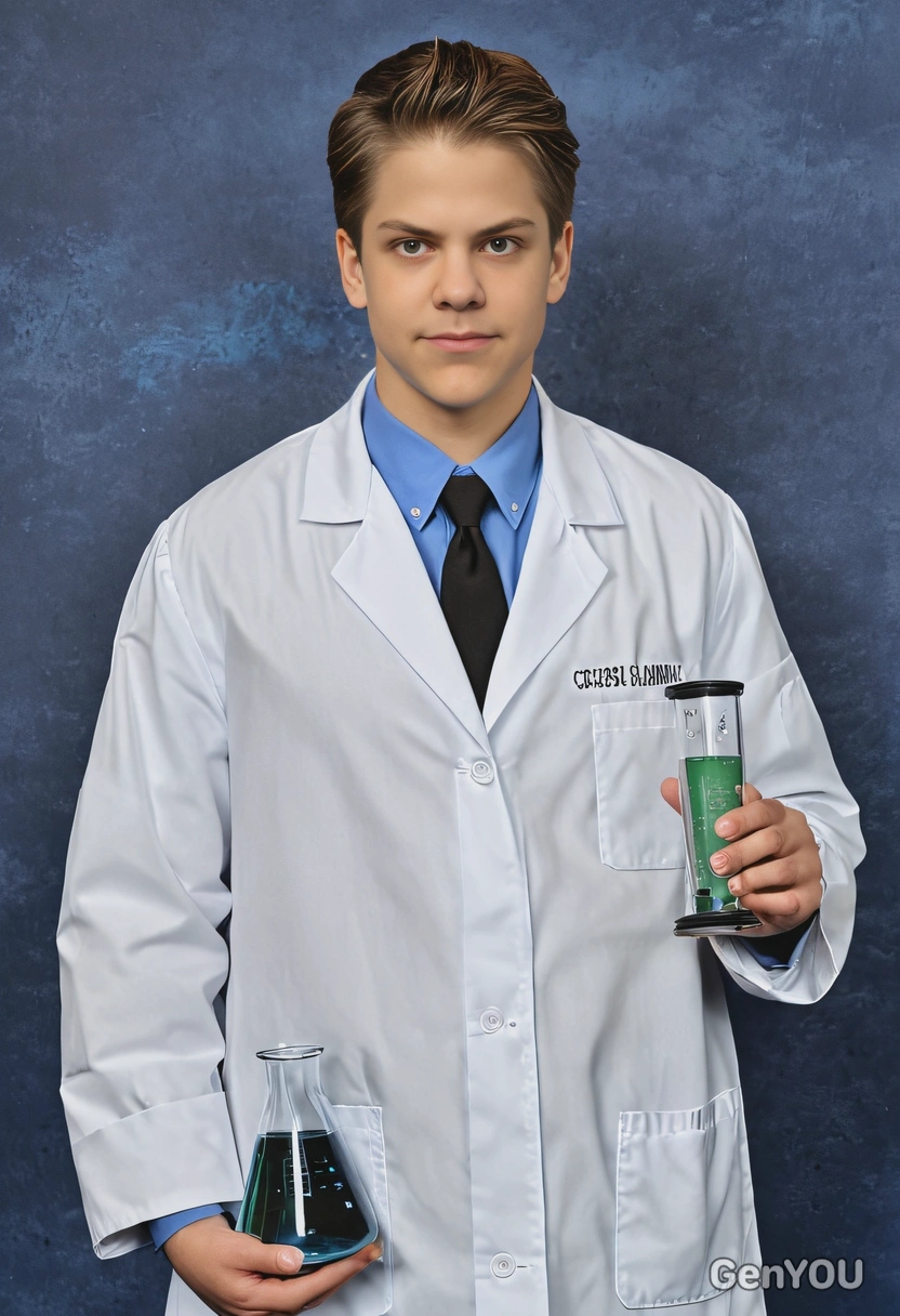as a 90s science club president in a white lab coat, holding a beaker, posed against a classic blue yearbook background 