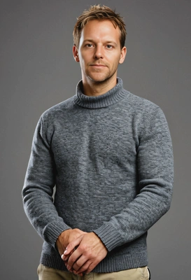 standing against a grey background, hands loosely clasped together in a lock at waist level, pose is relaxed, neutral and natural demeanor, short hair