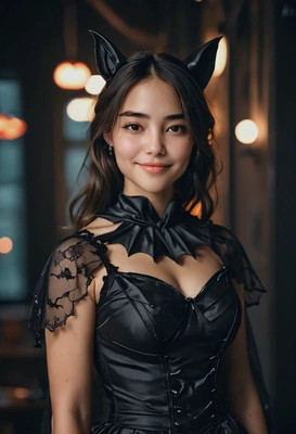wearing a bat-inspired dress, dim indoor lighting, Halloween aesthetics, dark blurred bokeh background, high-quality professional shot, flirty smile, eyes on you