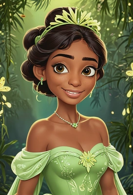 Hand-drawn flat cartoon style, Tiana from The Princess and the Frog, oversized cartoon eyes, waist-up portrait, wearing a light green gown with floral accents, warm smile, bayou background with glowing fireflies