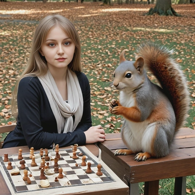 seated across from a squirrel at a chess table