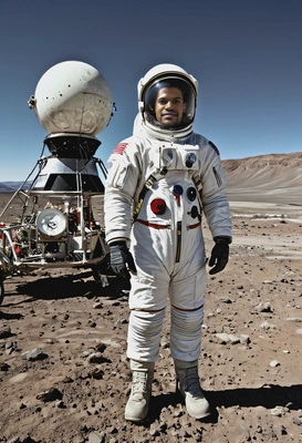wearing a 1960s space race-era astronaut suit, standing beside a vintage spacecraft on a lunar landscape, with the Earth visible in the distant sky