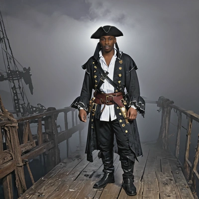 in a ghost pirate costume, standing on the deck of an old shipwreck, surrounded by fog, night-time