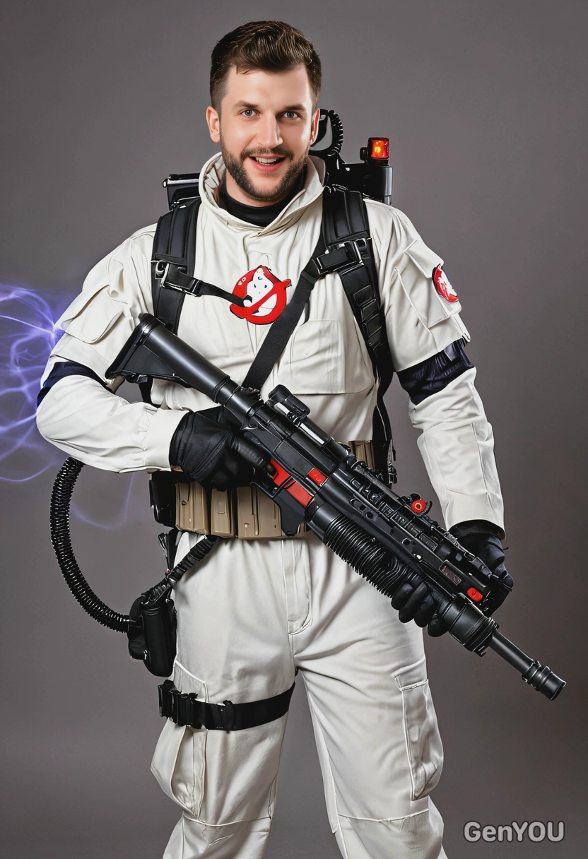 as Ghost Buster holding a blaster, full body image, background with disco lights