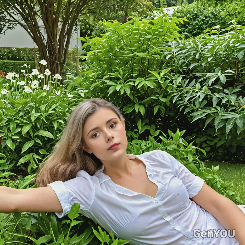 relaxing in a garden, surrounded by lush greenery