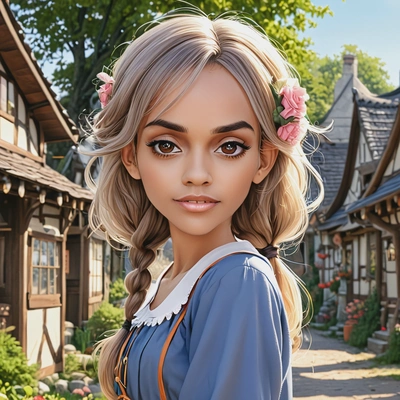 in a charming fairy tale village, anime style, big eyes, manga drawing