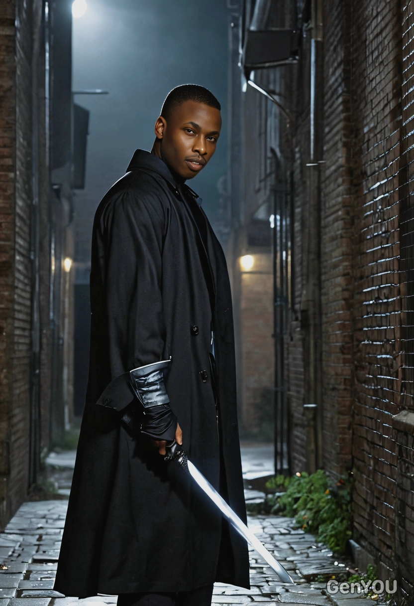 Blade in a dark alley, in black coat, with a sword glowing under the moonlight