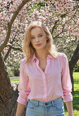 wearing a pastel pink blouse and light jeans, standing by a tree with blooming branches overhead, with soft spring light casting shadows, half body portrait 