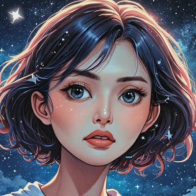 floating through a celestial dreamscape with stars, anime style, big eyes, manga drawing