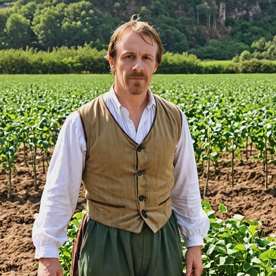 As Jack from Jack and the Beanstalk, wearing simple peasant clothing, standing at open field 