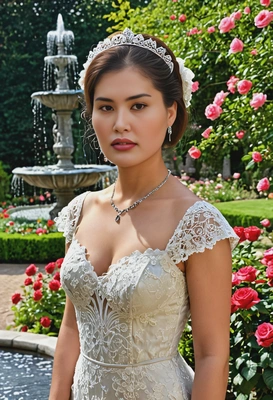 a princess wearing a delicate lace gown, posing elegantly in a royal garden with blooming roses and a stone fountain in the background