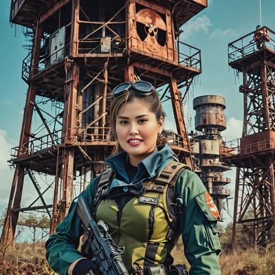 as a cosplayer of post nuclear game, cyberpunk, smiling, tattered sea uniform, standing with rifle on top of watchtower, rusty radioactive swamp, looking straight at camera, vivid colors, high-quality cinematographic style