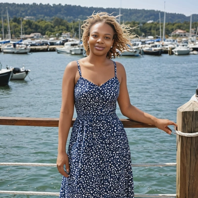 in a sun dress standing on a pier, as the boats sail in the harbor 
