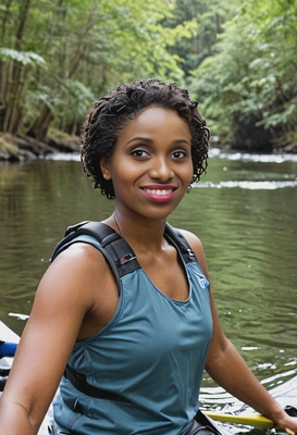A hiker kayaking on a calm river through a forest, half body portrait - huntsville headshot photographer