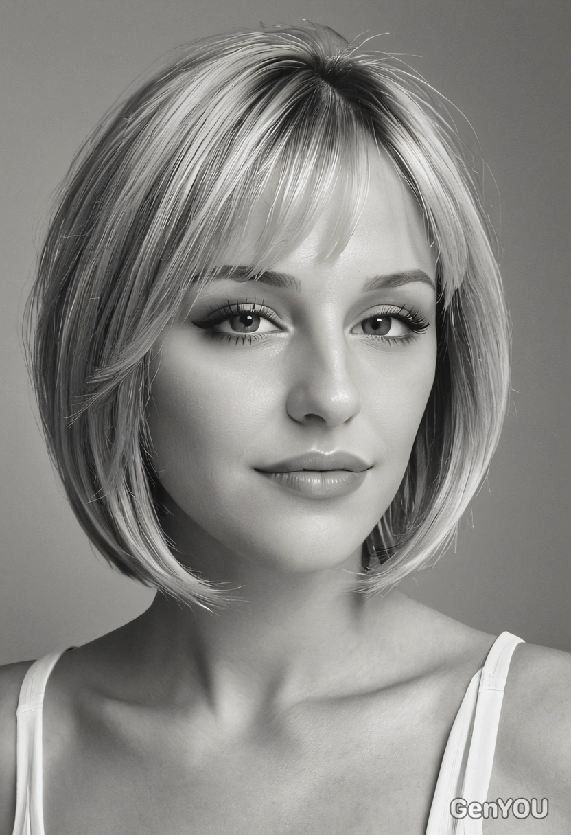 with luxurious voluminous honey blonde bob hairstyle in natural state in a black and white picture looking in front of me, photo shoot