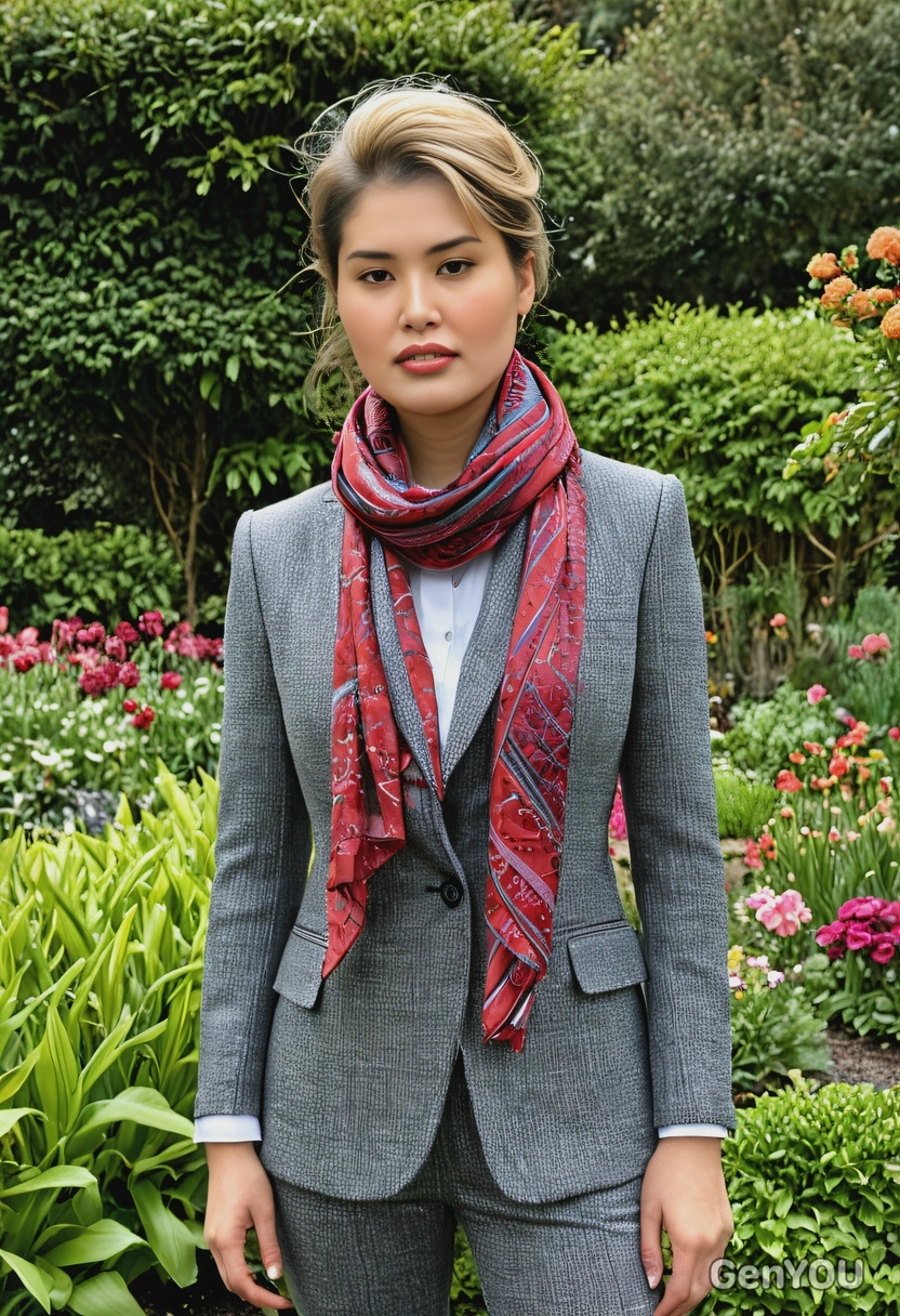 in a sophisticated tweed suit and silk scarf, in a lush garden
