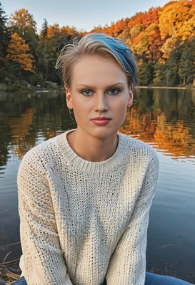 as a person posing by a lake at sunrise, wearing a light sweater and jeans, smiling suggestively, close up, symmetrical clothing details, vivid colors, cinematographic style, high-quality stylized art