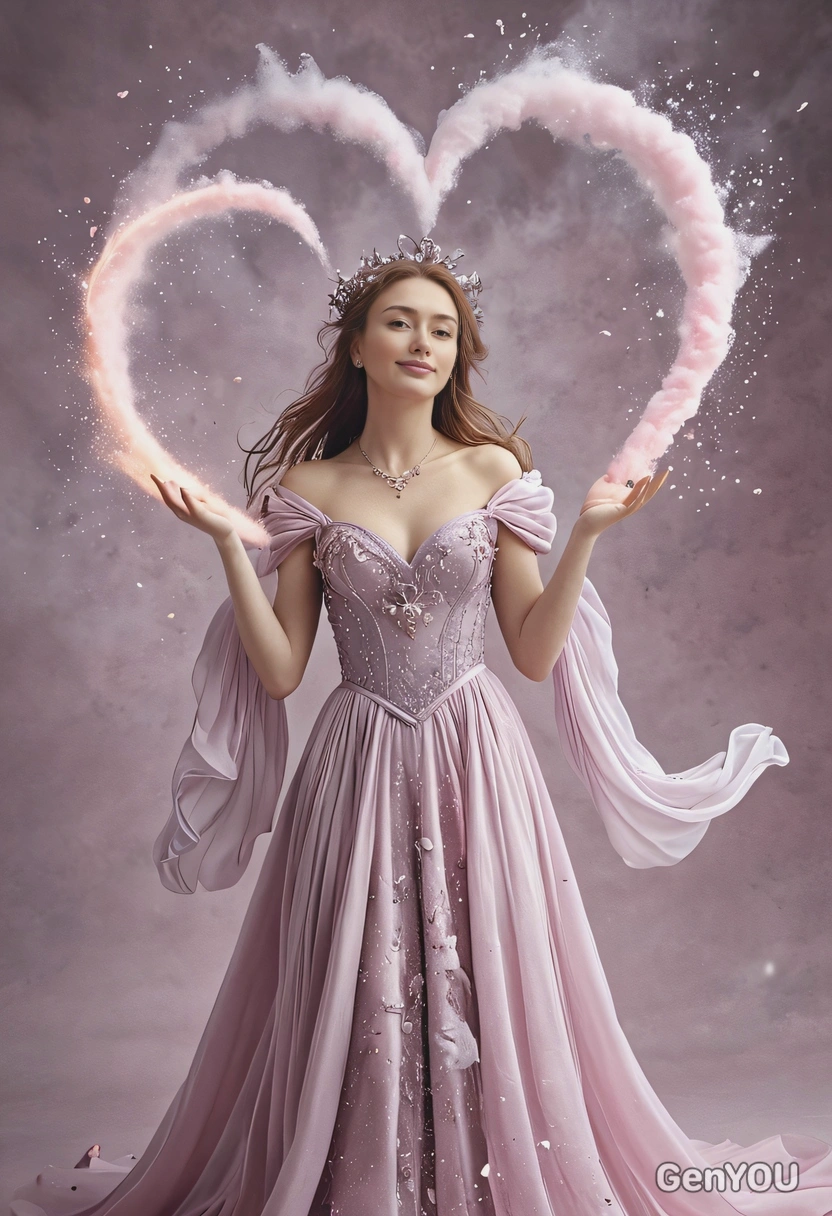 high-quality fashion photoshoot for Valentine's Day, woman dressed as a mysterious fantasy goddess of love casting a heart-shaped spell, mythic flowing ethereal gown, magic cloudy surroundings, glittering dust swirling in the air, pastel colors
