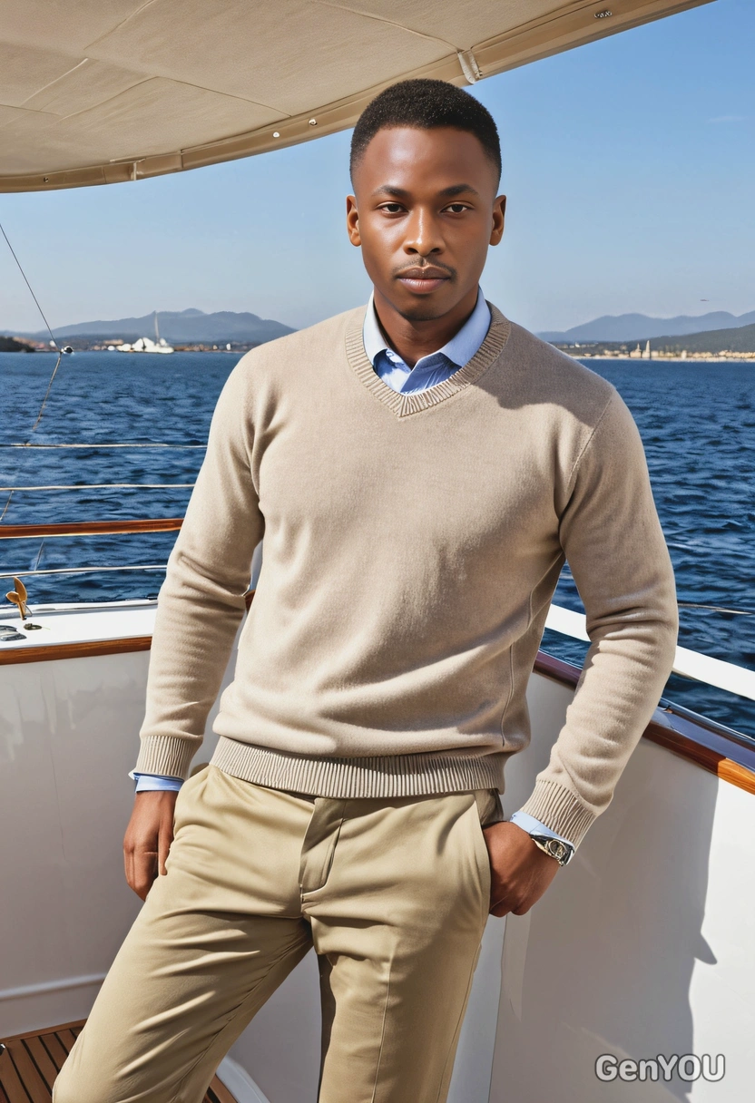 wearing a classic cashmere sweater and tailored chinos, relaxing on a private yacht
