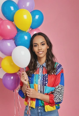 holding a bunch of colorful balloons, with a bright party background