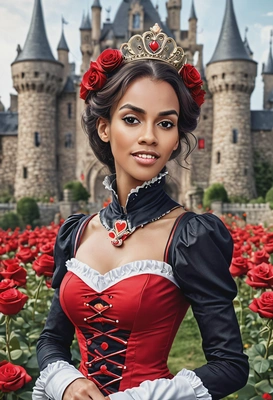 @me as a cartoonish Queen of Hearts in Wonderland, cocky look, in front of a blurred castle, looking directly into the camera, roses around, blurred background, symmetrical clothing details, high-quality stylized fanart