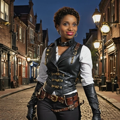 as a Steampunk rogue, in a leather vest with a pocket watch and mechanical gauntlets, sneaking through a Victorian cityscape at night