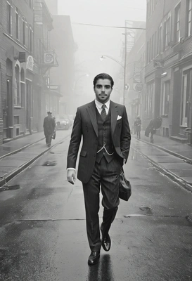 in a 1920s three-piece suit, walking down a foggy street, with a black and white filter