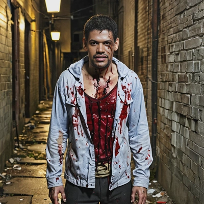 in a zombie costume with torn clothing and fake blood, standing under a flickering streetlight in an abandoned alley
