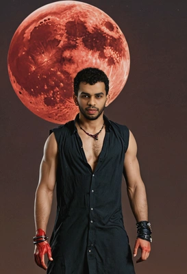 as a werewolf, standing under a blood moon
