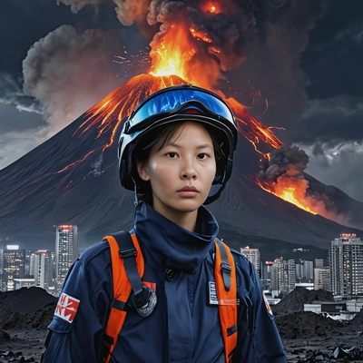 as a survivor, in futuristic military uniform, Japan, volcano eruption behind, showing teeth, burning skyscrapers, lightning in the night sky, looking straight at camera, night sky, vivid colors, high-quality cinematographic style