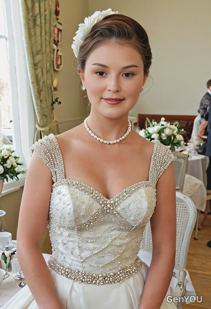 As a bride in a tea-length dress with pearls, posing at a 1950s-inspired vintage wedding reception