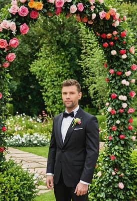 as a groom, standing under a floral arch in a garden, wearing a classic black tuxedo with a bow tie