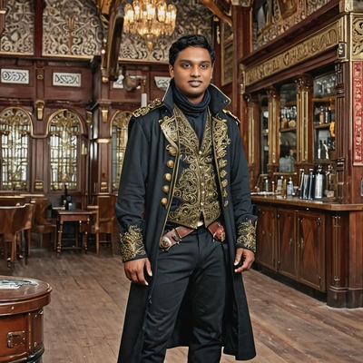 as a Steampunk gunslinger, wearing a duster coat with brass embellishments, standing in a saloon