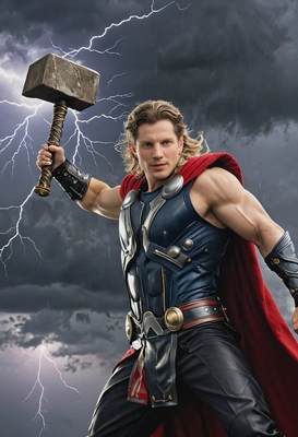 Thor summoning lightning with his hammer, during a thunderstorm