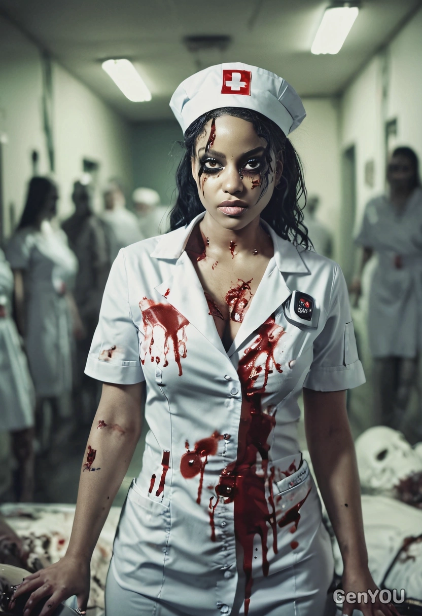 as sexy zombie nurse in a dim morgue surrounded by human remains at a Halloween party, blurred background, eyes on you