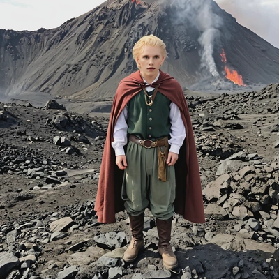 as Frodo Baggins from The Lord of the Rings, dressed in his simple hobbit attire with a cloak and the One Ring, standing on the slopes of Mount Doom with lava flowing