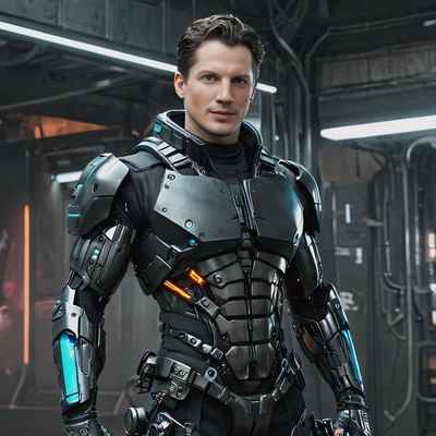 A futuristic cyberpunk bodyguard with a cybernetic arms