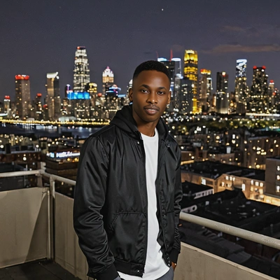 a man in a casual party outfit,  standing on a rooftop terrace, with the city skyline glowing in the distance