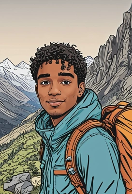 2D cartoon style, hand-drawn, colorful palette, thin ink outlines, male adventurer with backpack, cartoon oversized eyes, mountain landscape background, close-up portrait