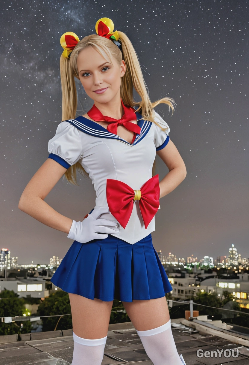 as Sailor Moon, wearing a sailor suit with a red bow and white gloves, standing on a rooftop under a starry sky, hands on hips, full body 